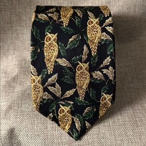 Burberry Silk Tie with Gold and Green Owl Design Made in England